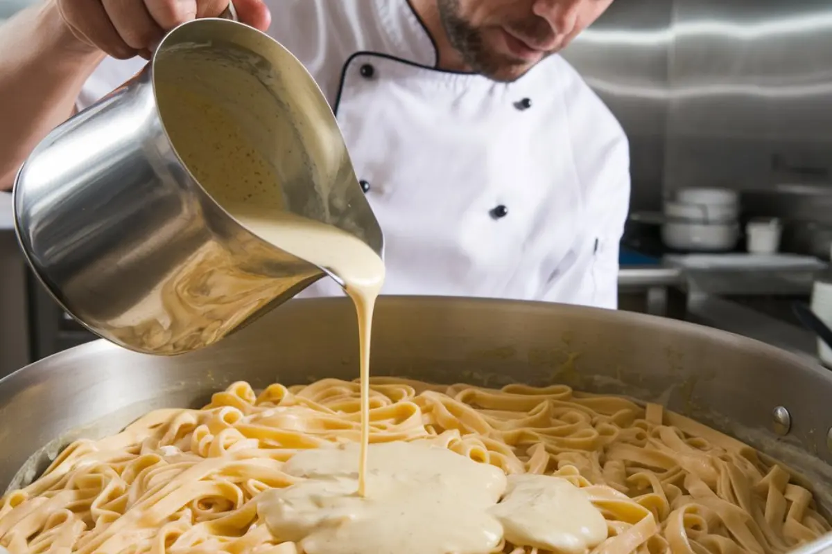 Creamy Alfredo sauce being stirred in a pan with Parmesan cheese and garlic in the background.