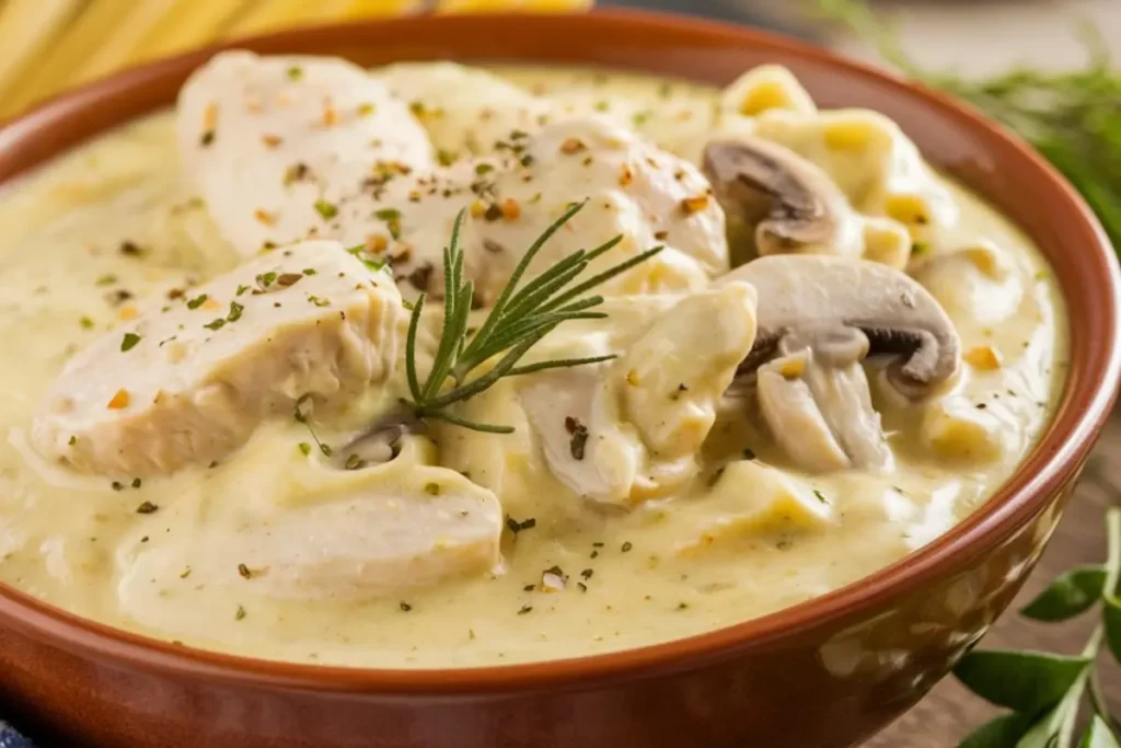 Creamy Alfredo sauce being stirred in a pan with Parmesan cheese and garlic in the background.