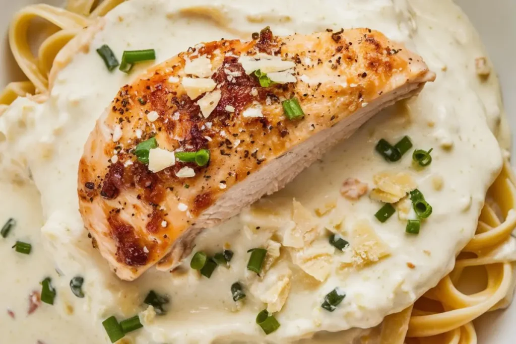 A creamy chicken Alfredo sauce being poured over fettuccine pasta, with fresh Parmesan cheese and garlic in the background.