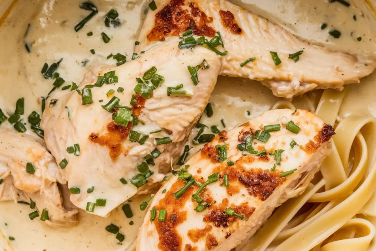 A creamy chicken Alfredo sauce being poured over fettuccine pasta, with fresh Parmesan cheese and garlic in the background.