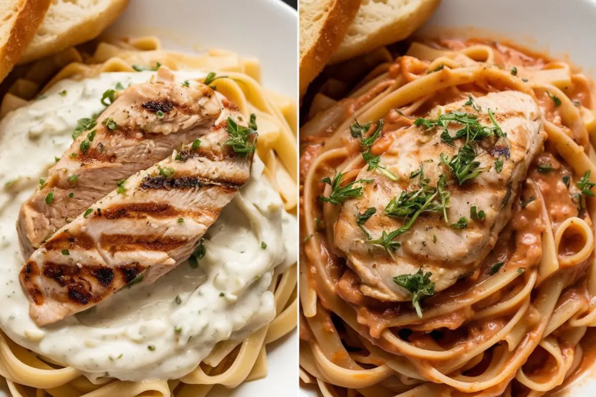 A side-by-side comparison of Chicken Alfredo and Chicken Fettuccine, highlighting the differences in sauce and pasta.