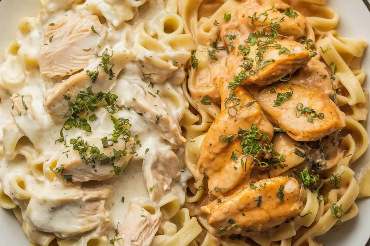 A side-by-side comparison of Chicken Alfredo and Chicken Fettuccine, highlighting the differences in sauce and pasta.