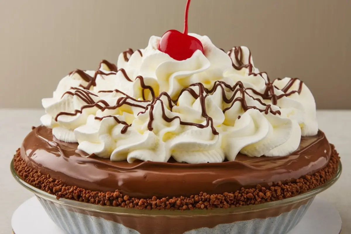 Red Robin Mud Pie slice topped with whipped cream and chocolate drizzle on a white plate.