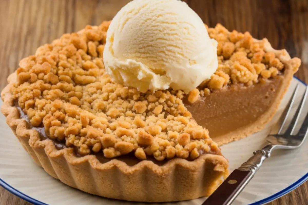 A perfectly baked butterscotch pie with a golden crust, topped with whipped cream and butterscotch sauce.