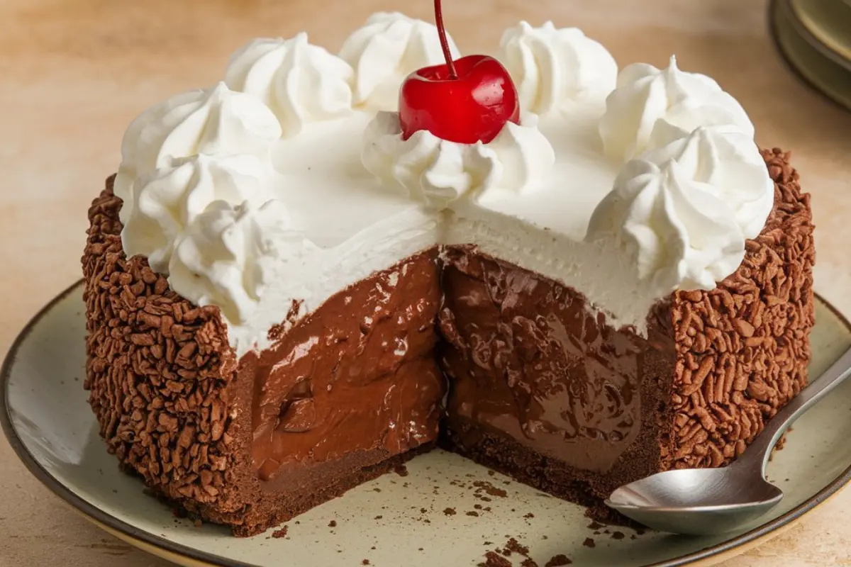 A slice of rich mud pie with layers of chocolate, ice cream, and whipped cream on a plate, garnished with chocolate shavings.