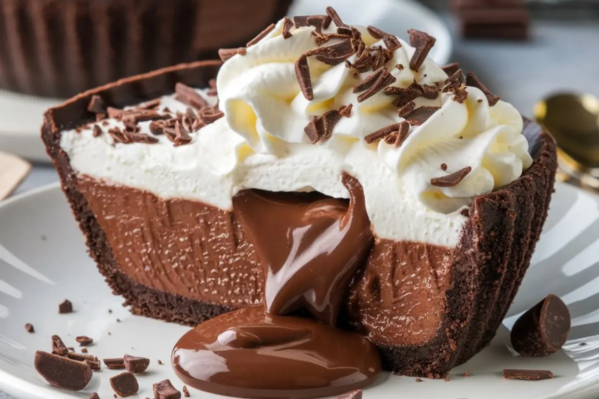 A close-up of a slice of Mississippi Mud Pie with a rich chocolate filling, topped with whipped cream and garnished with chocolate shavings.