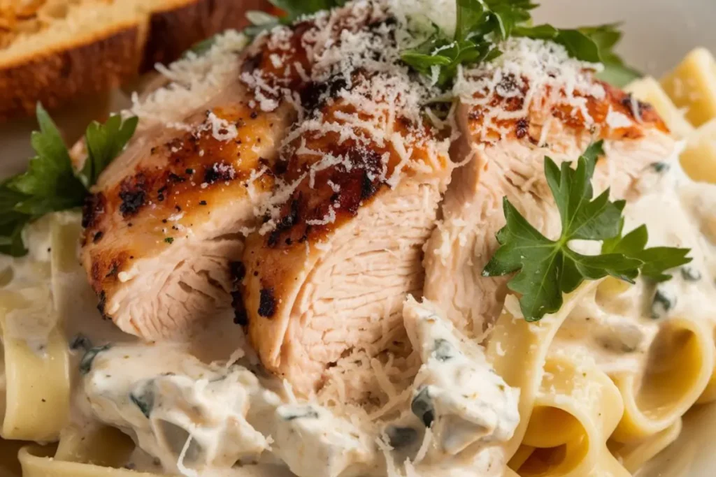 A plate of improved Chicken Alfredo garnished with fresh herbs and grated Parmesan cheese.