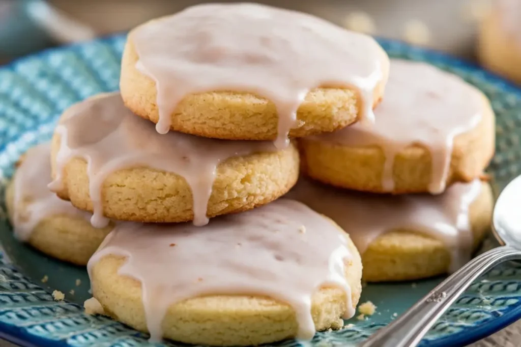 A plate of freshly baked Butter Cake Cookies with a golden-brown crust and a light dusting of powdered sugar.