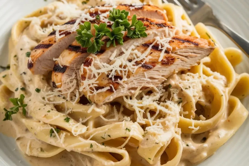 A plate of creamy Chicken Alfredo garnished with parsley.