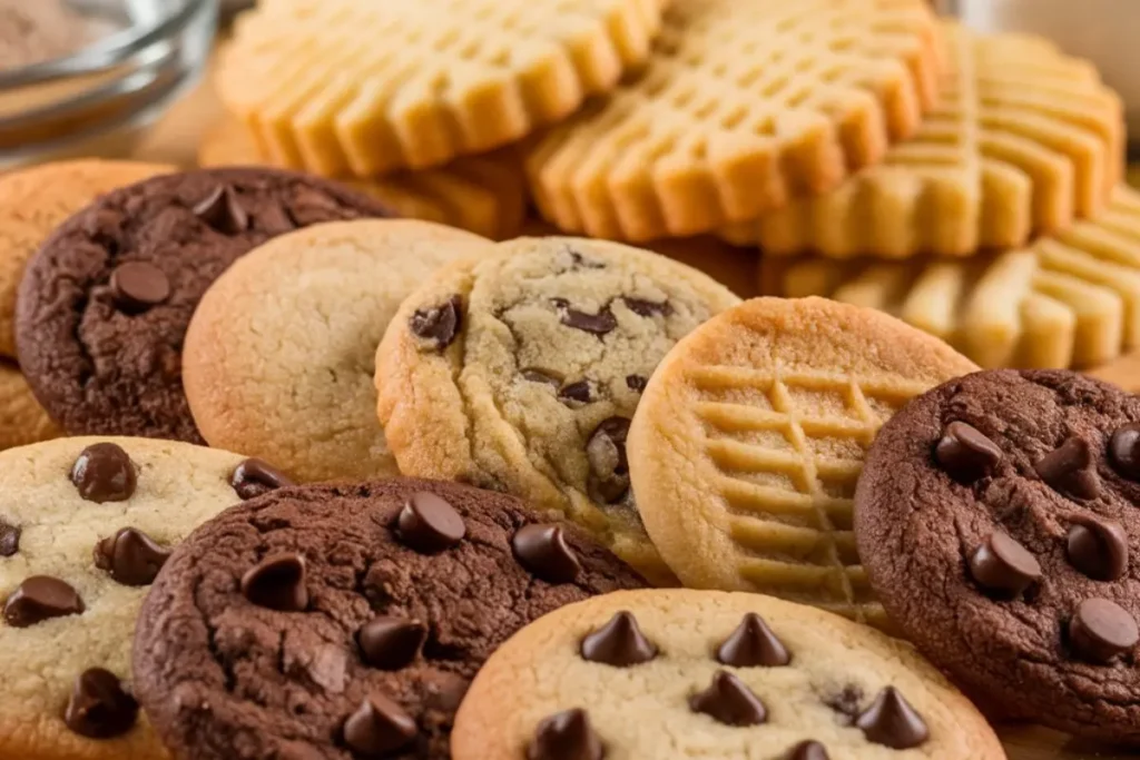 A close-up comparison of traditional cookies and butter cookies, highlighting their distinct textures and shapes.