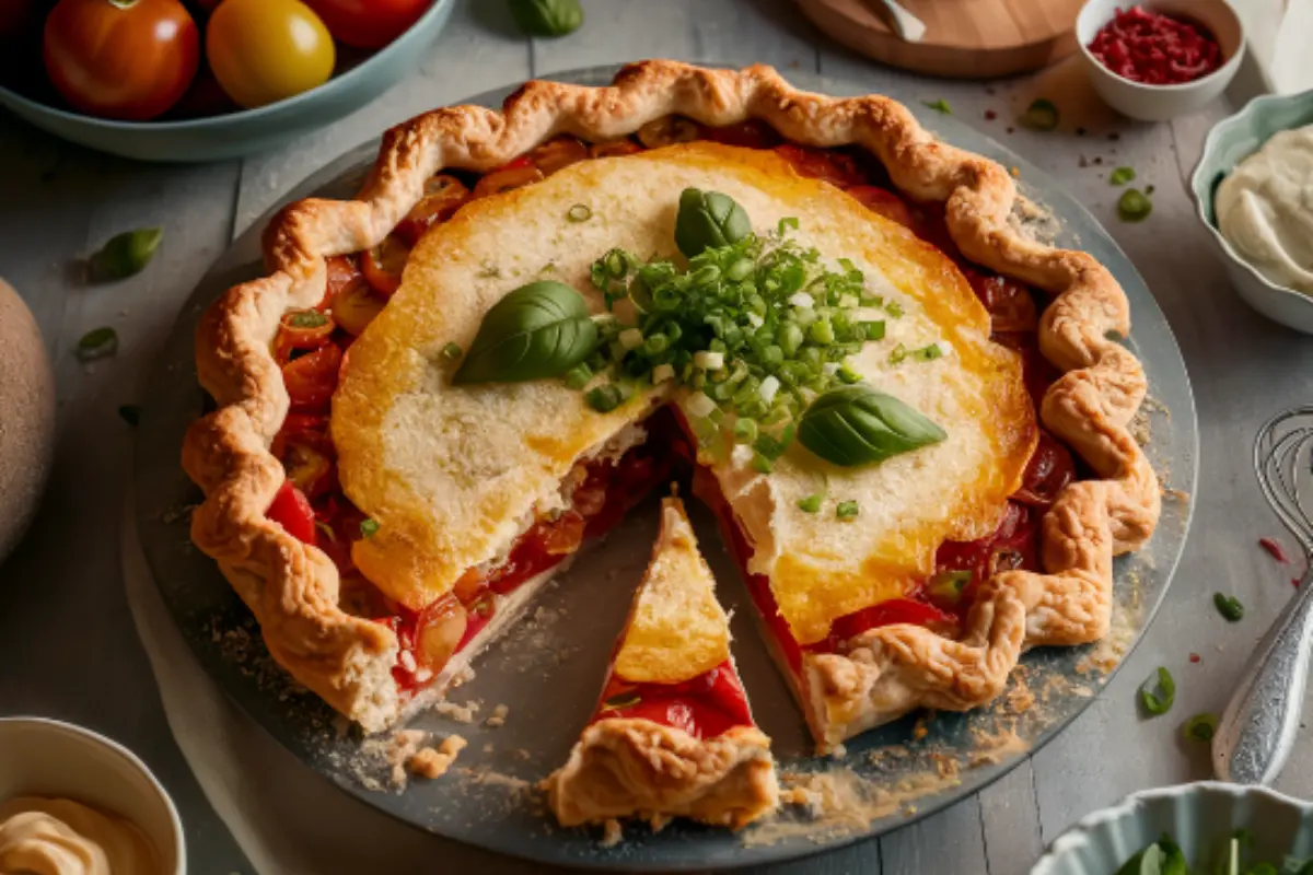 A golden-brown slice of homemade tomato pie with layers of ripe tomatoes, fresh basil, and melted cheese, sitting on a white plate with a sprig of basil on top.