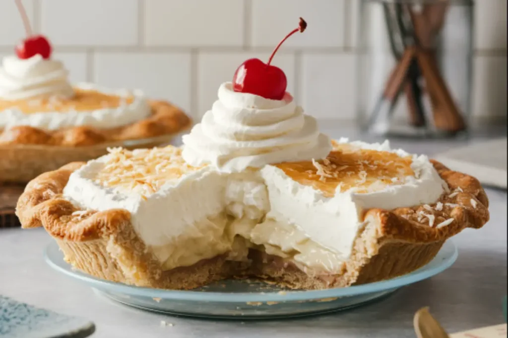 A slice of homemade coconut cream pie with a golden, flaky crust, topped with creamy whipped cream and toasted coconut flakes, on a white plate.