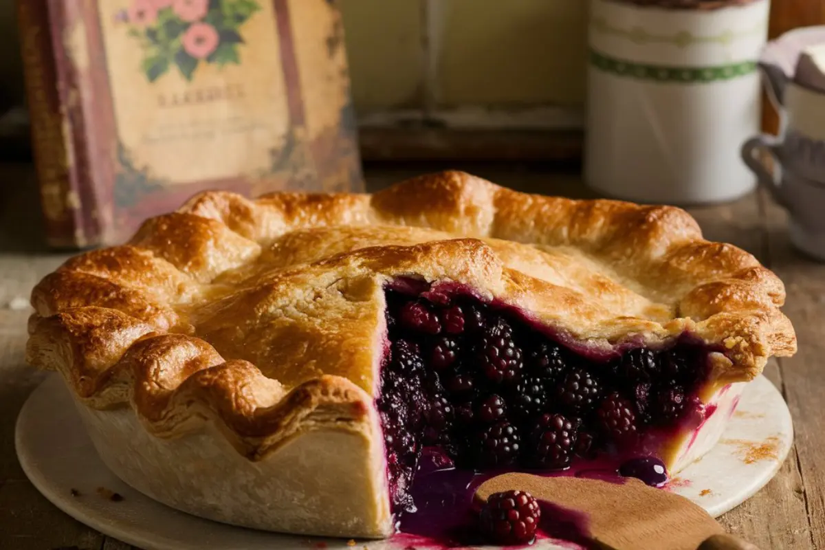 A slice of homemade blackberry pie with a golden, flaky crust, filled with juicy blackberries, and served on a white plate