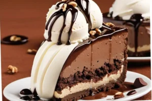 A slice of mud pie with a chocolate cookie crust, creamy ice cream layers, and a drizzle of chocolate syrup, inspired by Red Robin.