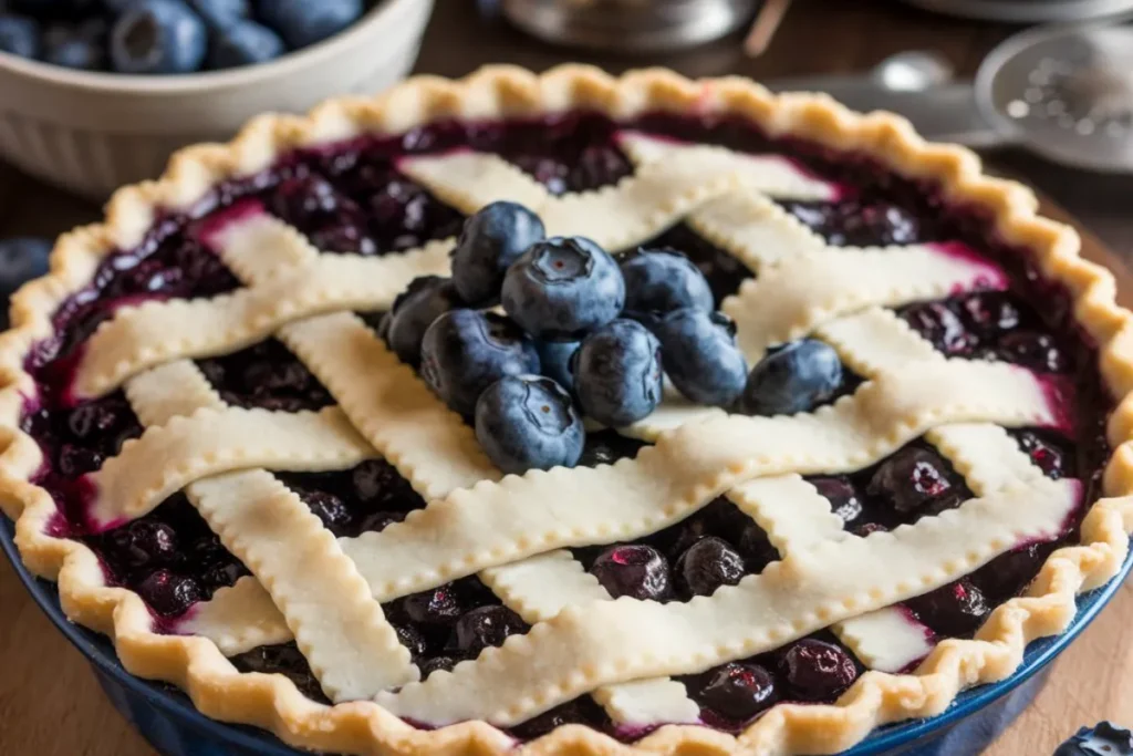 Freshly made blueberry pie filling in a saucepan, ready to be used in a homemade blueberry pie filling recipe