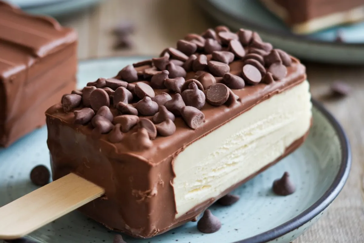 Best homemade Eskimo Pie popsicle with chocolate coating and creamy vanilla ice cream