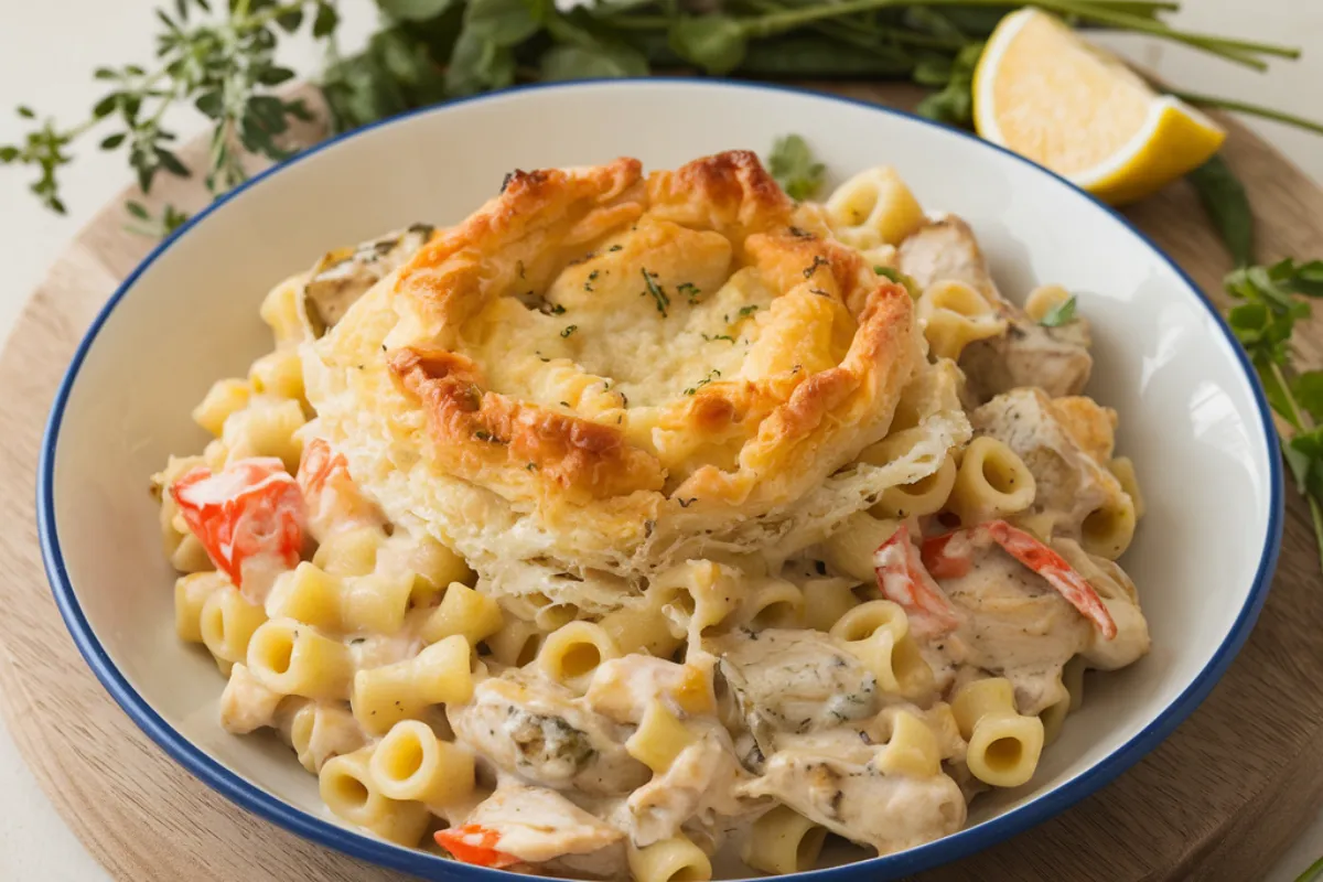 Delicious Chicken Pot Pie Pasta served in a white bowl with fresh thyme garnish