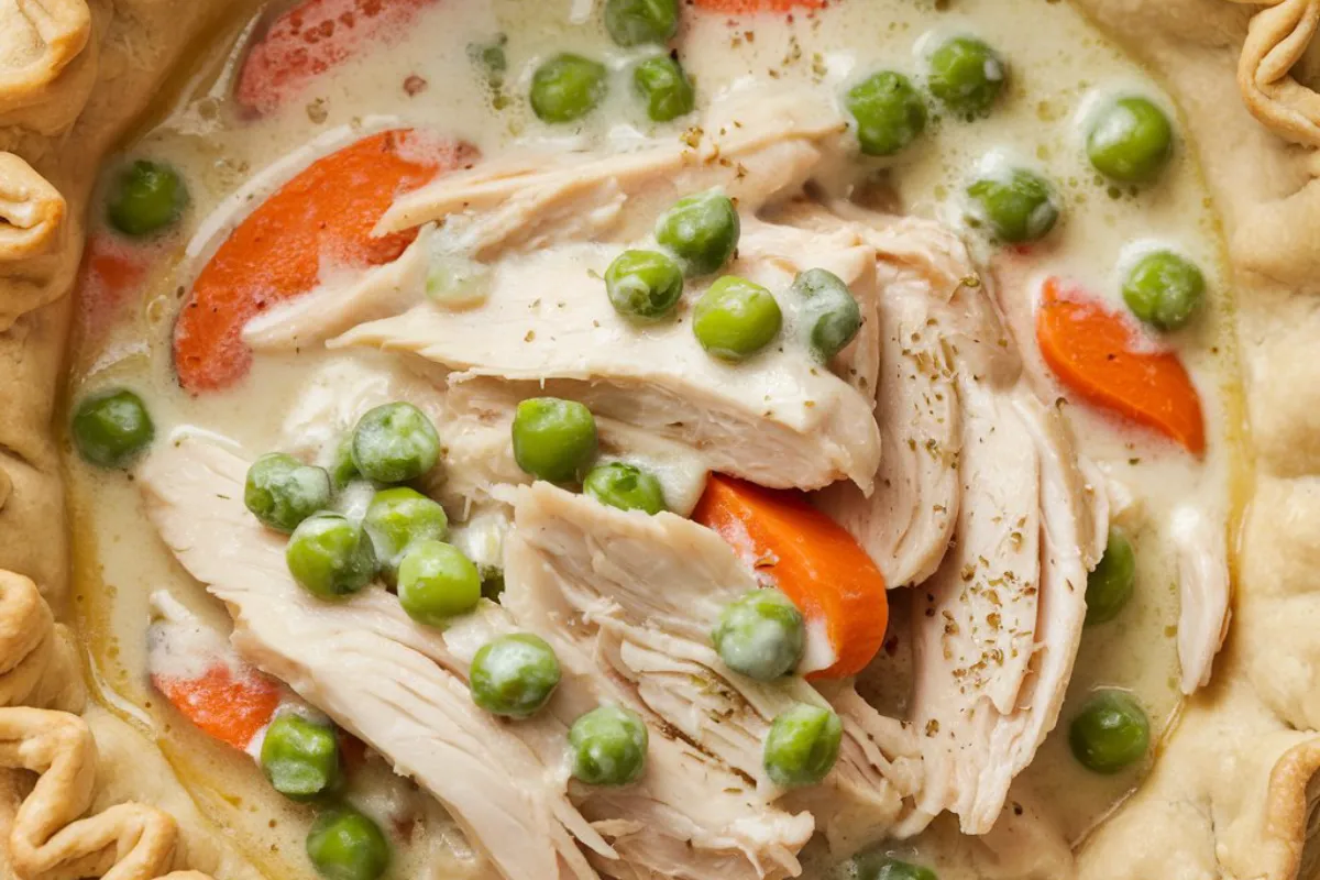 Creamy chicken pot pie sauce being poured over chicken and vegetables in a skillet