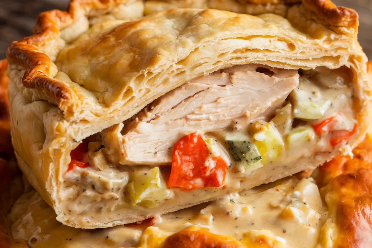 A freshly baked chicken pot pie with golden crust, showcasing its creamy filling and healthy vegetable ingredients.