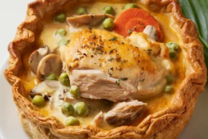 A close-up of thickened chicken pot pie filling with creamy texture and chunks of chicken and vegetables.