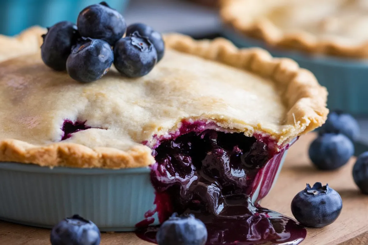 Golden-brown blueberry pie made with canned blueberry filling, cooling on a wire rack