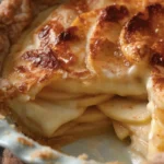 A slice of homemade apple custard pie with a golden crust, served on a white plate