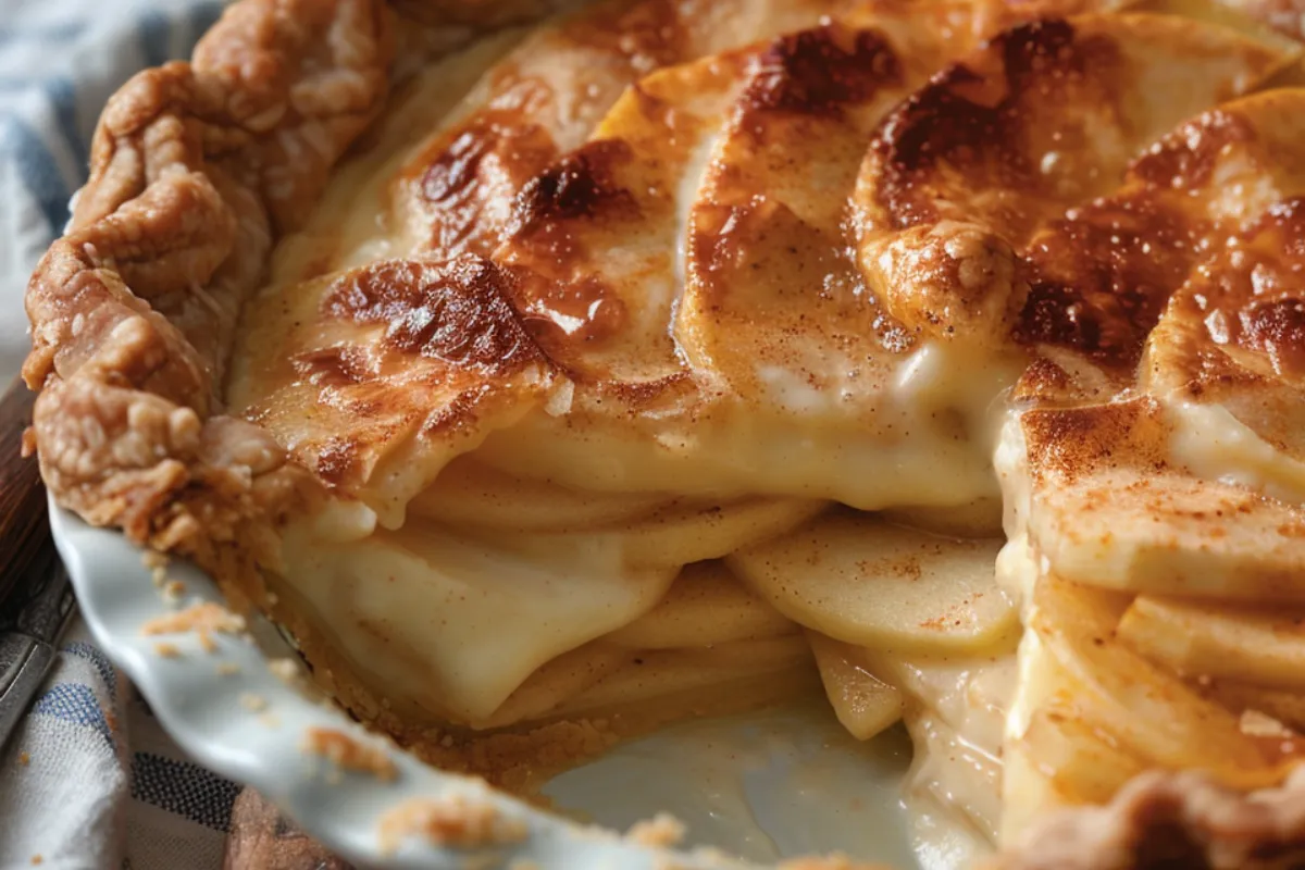 A slice of homemade apple custard pie with a golden crust, served on a white plate