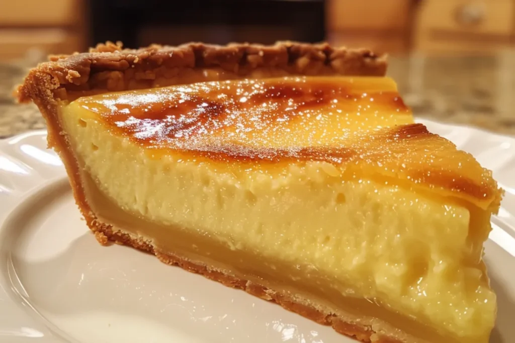 Close-up of a perfectly set custard pie with a golden crust, showing a smooth and creamy filling