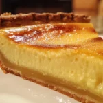 Close-up of a perfectly set custard pie with a golden crust, showing a smooth and creamy filling