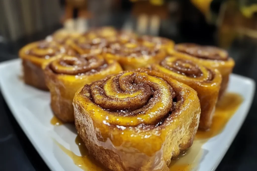 Freshly baked Banana Bread Cinnamon Rolls topped with cream cheese frosting on a wooden table.