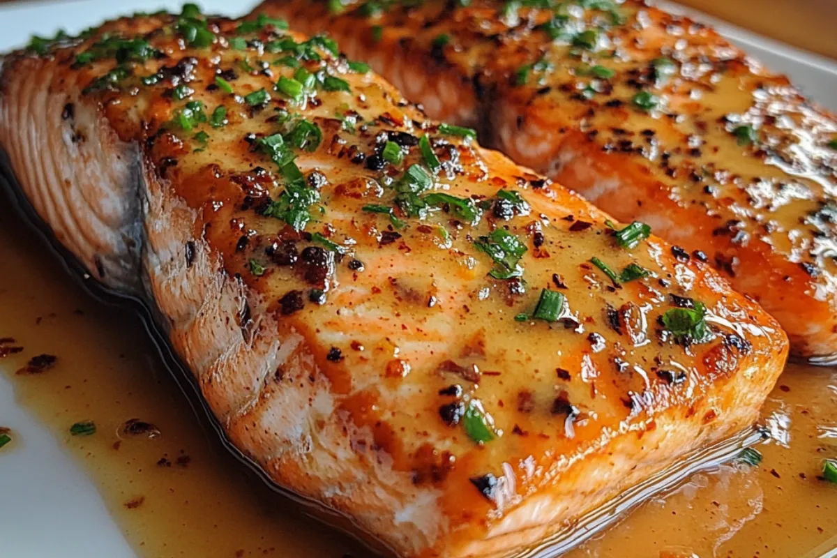 Perfectly cooked Bang Bang Salmon fillets drizzled with a creamy, spicy sauce.