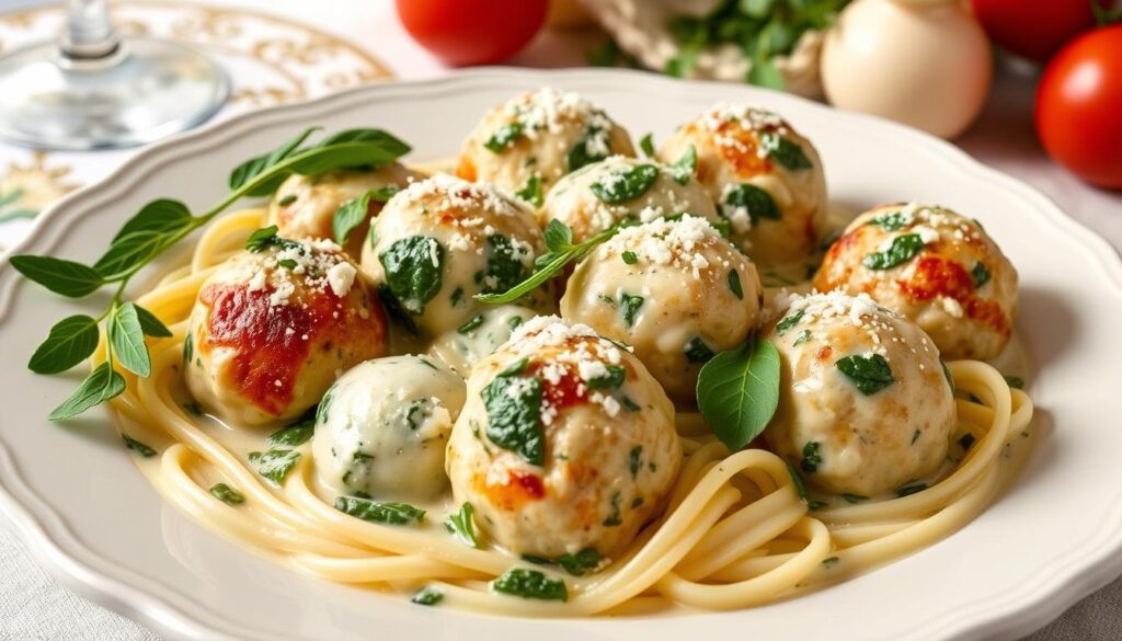 Tender chicken ricotta meatballs topped with creamy spinach Alfredo sauce, garnished with Parmesan and parsley, served over pasta.