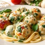 Tender chicken ricotta meatballs topped with creamy spinach Alfredo sauce, garnished with Parmesan and parsley, served over pasta.