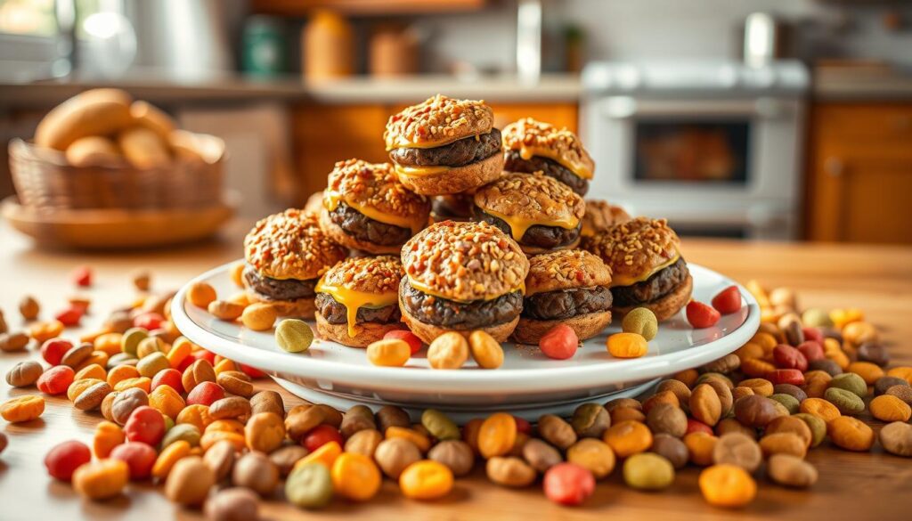 Cheeseburger bites dog food arranged in a bowl, showcasing their beef and cheese blend, perfect for dogs' training and health benefits.