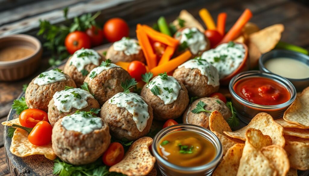 Close-up of Rotel cream cheese sausage balls with golden brown crust, showcasing melted cheese and diced tomatoes with green chilies in each bite-sized piece.