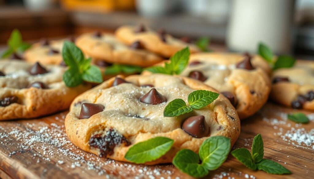 A stack of freshly baked mint chocolate chip cookies, garnished with fresh mint leaves and chocolate chunks on a rustic wooden surface.