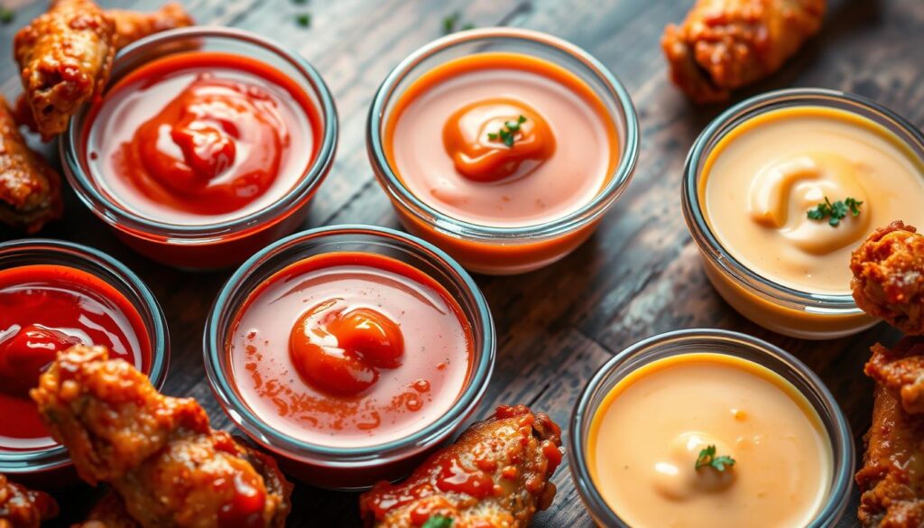 Buffalo Wild Wings sauces arranged in small bowls with vibrant colors and textures, featuring classic Hot, Mango Habanero, and Asian Zing.