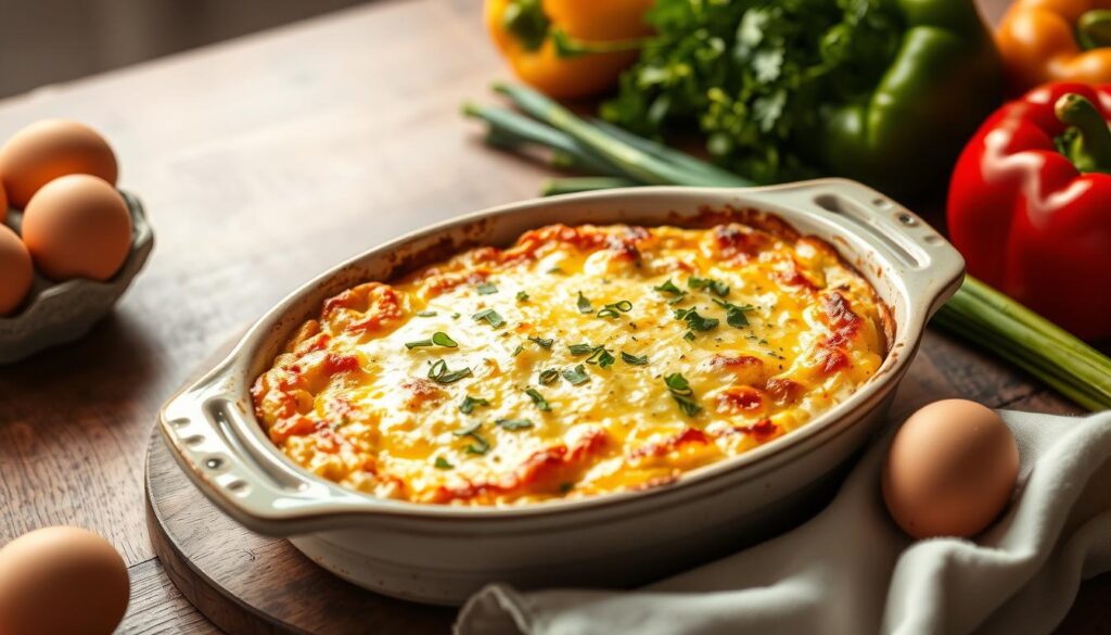 A freshly baked golden cottage cheese egg bake in a casserole dish, garnished with parsley, ready to serve for breakfast or brunch