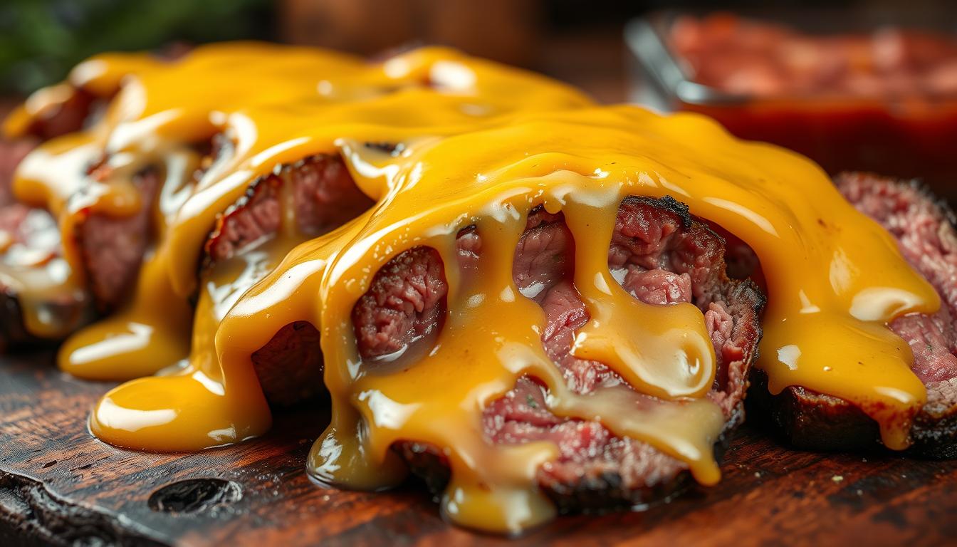 "Close-up of a roast beef sandwich with melted Swiss cheese, fresh lettuce, and a toasted bun.