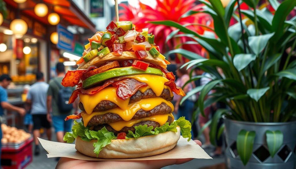 Colombian street cheeseburger with vibrant toppings like avocado, lettuce, and aji sauce, served on a golden bun