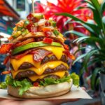 Colombian street cheeseburger with vibrant toppings like avocado, lettuce, and aji sauce, served on a golden bun