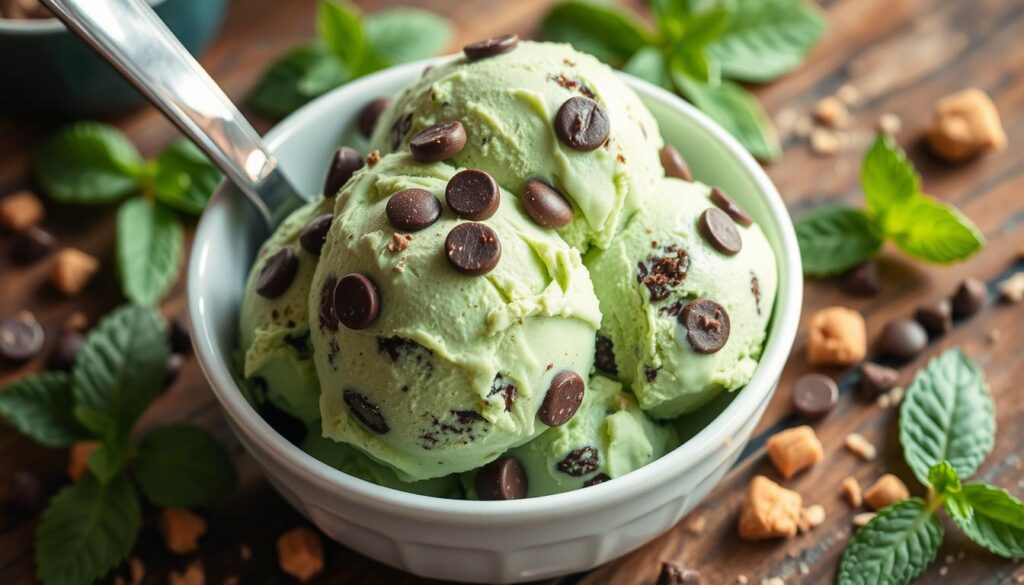 A creamy bowl of mint chocolate chip cookie dough ice cream, topped with fresh mint leaves, chocolate chips, and cookie dough chunks.