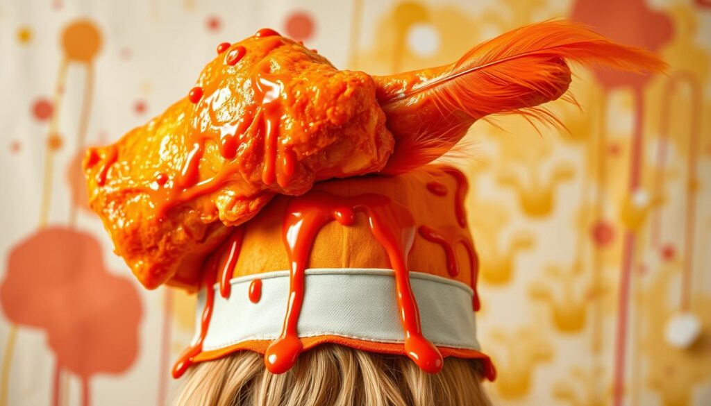 A novelty buffalo wing hat designed to look like crispy, saucy chicken wings, worn at sports events, food festivals, or themed parties