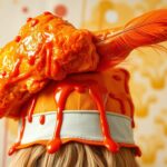 A novelty buffalo wing hat designed to look like crispy, saucy chicken wings, worn at sports events, food festivals, or themed parties