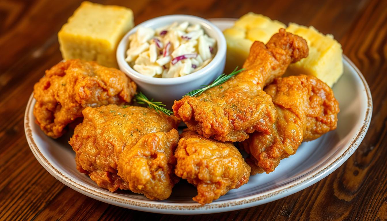 Golden-brown Louisiana fried chicken pieces arranged on a plate, garnished with parsley, with traditional Southern sides like coleslaw and cornbread in the background.