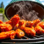 Buffalo wings on a Big Green Egg grill, perfectly crispy and golden, with a smoky backdrop and grill marks visible on the wings.