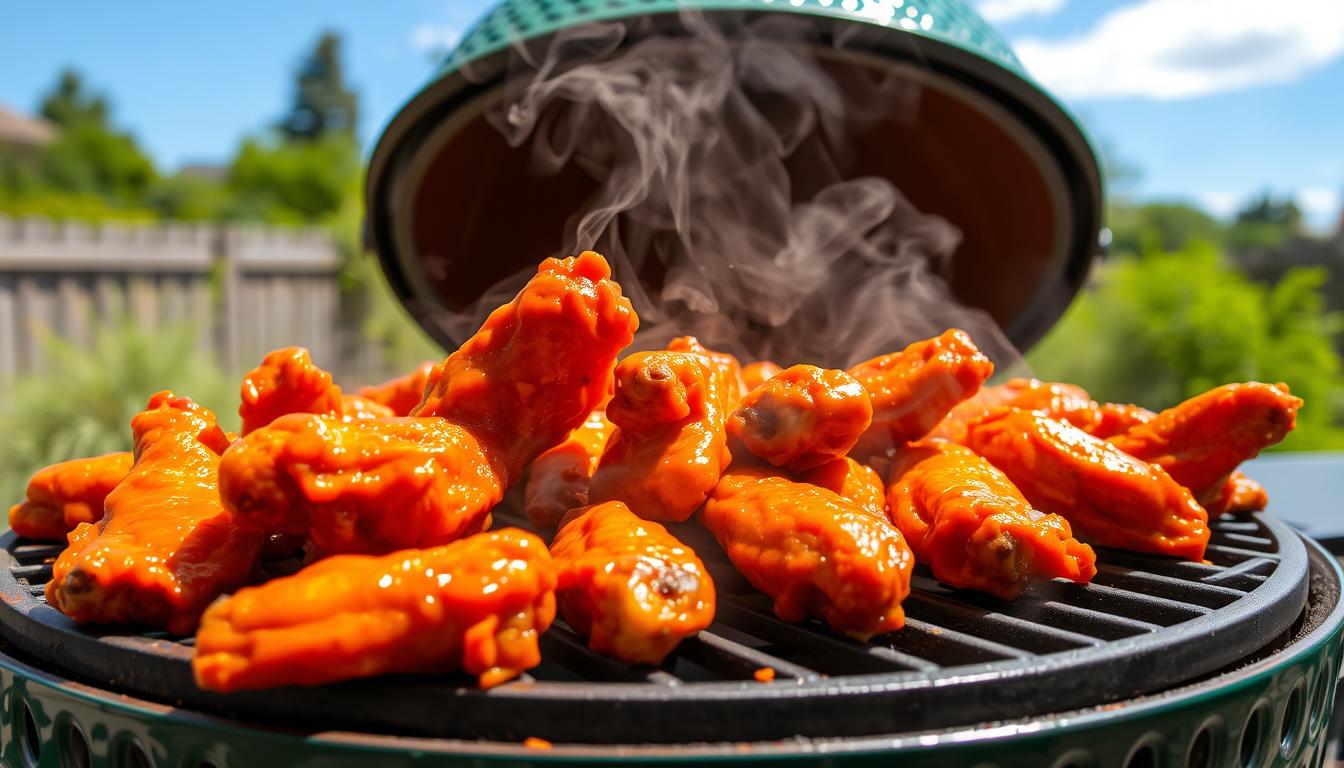 Buffalo wings on a Big Green Egg grill, perfectly crispy and golden, with a smoky backdrop and grill marks visible on the wings.