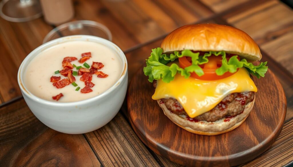 A bowl of hearty hamburger and potato soup, garnished with fresh parsley and served with crusty bread on the side