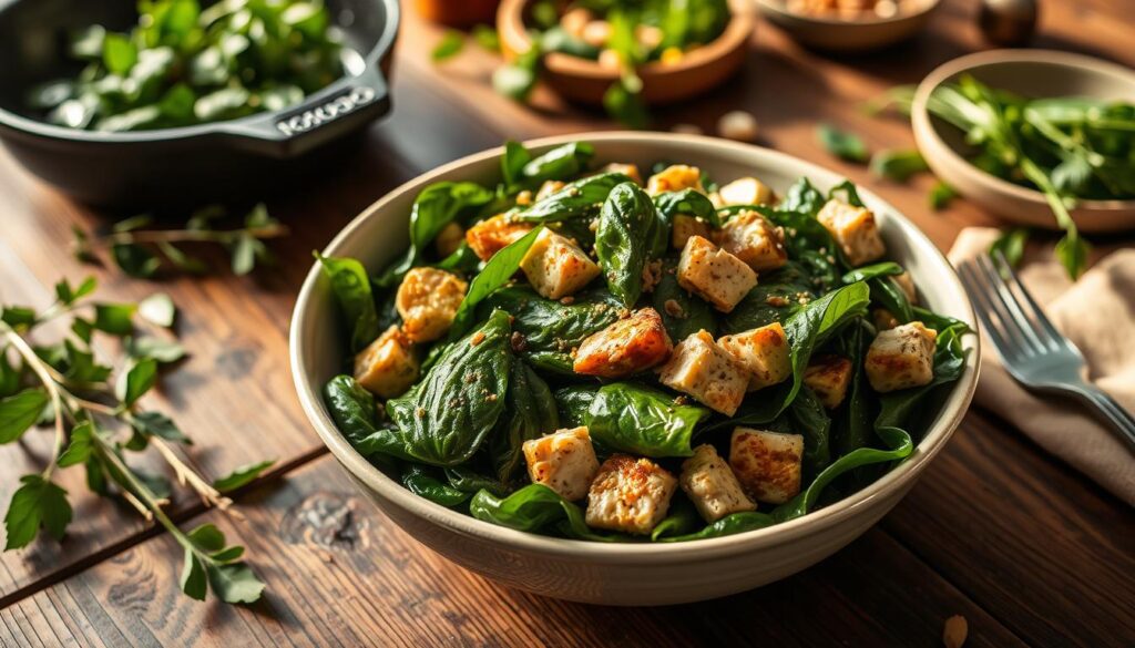 A steaming bowl of Southern-style collard greens with smoked turkey, garnished with a sprinkle of red pepper flakes and a slice of cornbread on the side.