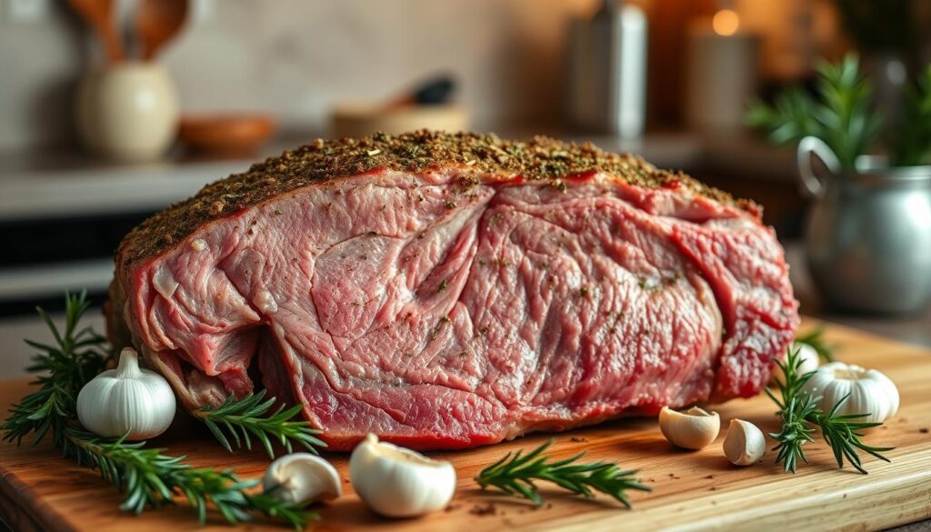 Boneless beef rib roast sliced and served on a wooden cutting board with fresh rosemary and garlic cloves